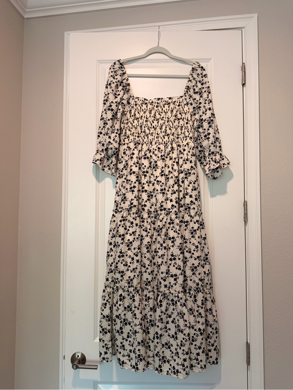 Smocked Cream Maxi Dress with Black Floral Print
